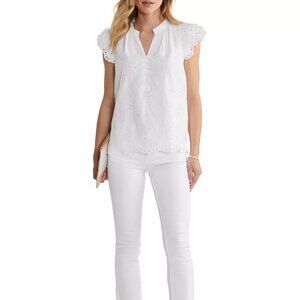 Vineyard Vines White ruffle sleeve V neck scallop hem eyelet cotton sz L